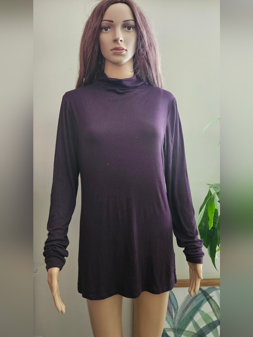 Aritzia Babaton Long-Sleeve Mock Neck Top - Dark Plum Eggplant Purple Long Line